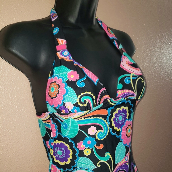 CANDIE'S Bright Neon Colorful Rainbow Floral Butterfly Halter Tankini Top Sz XS - Picture 4 of 16